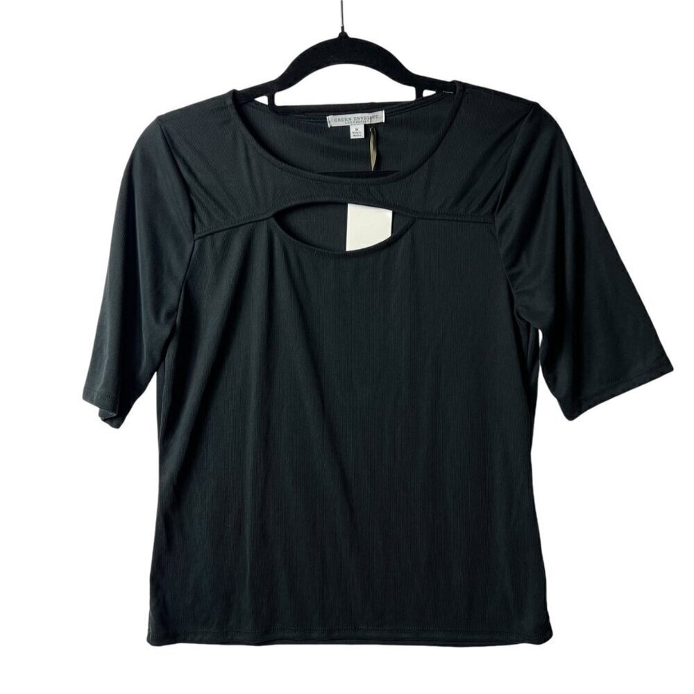 Green‎ envelope short sleeve black keyhole top women’s size medium NWT